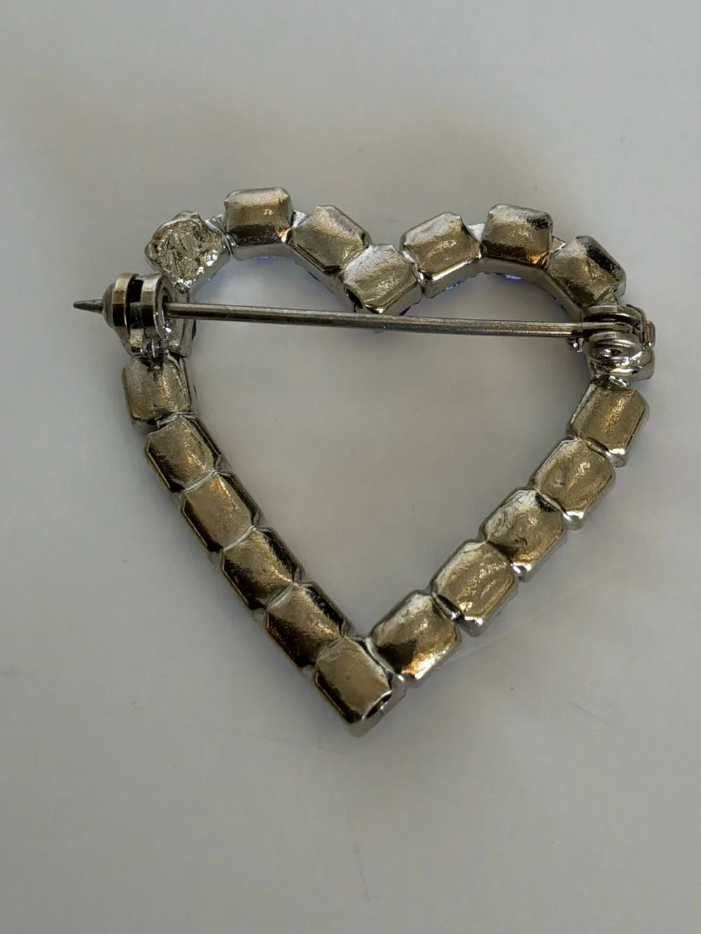 Vintage Open Heart Rhinestone Brooch Blue & Purple Crystal Silver Tone Pin